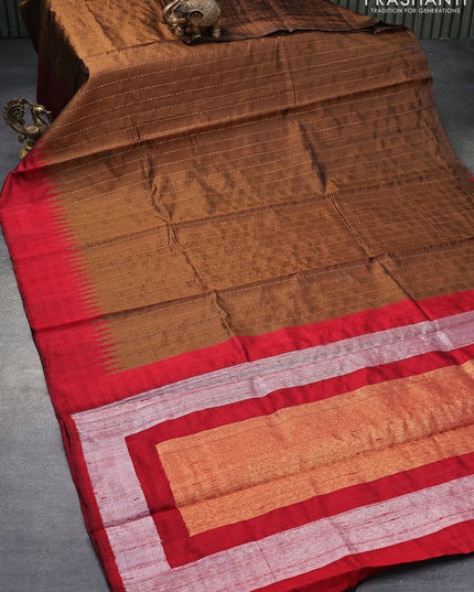 Pure dupion silk saree military green and red with allover zari stripe pattern and temple design silmple border