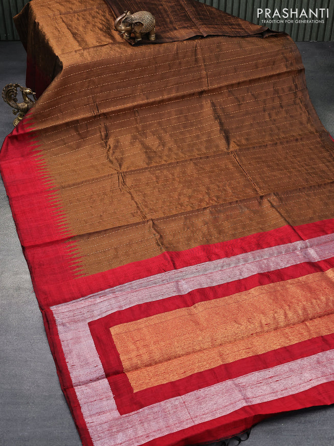 Pure dupion silk saree military green and red with allover zari stripe pattern and temple design silmple border