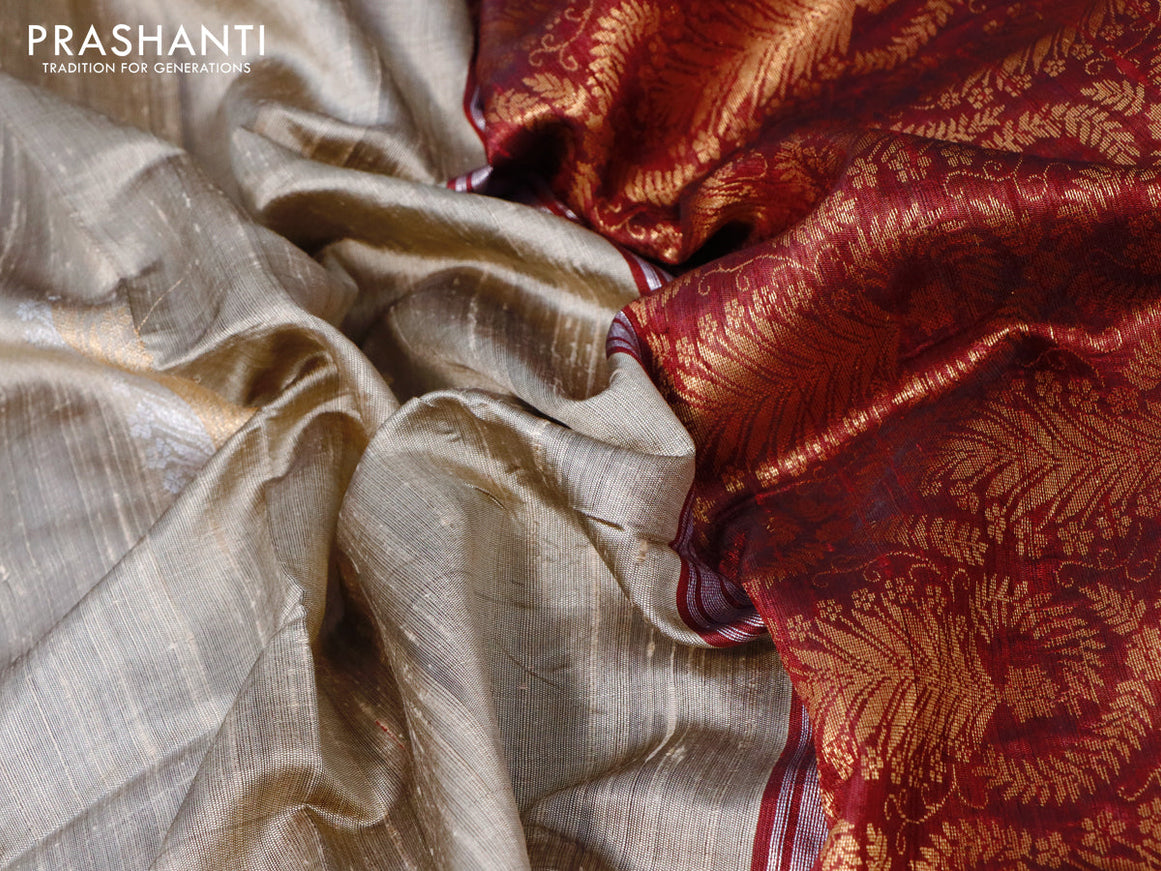 Pure dupion silk saree grey shade and maroon with silver & zari woven buttas and zari woven border