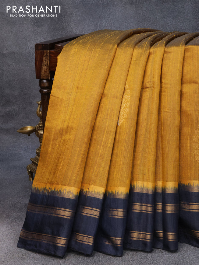 Pure dupion silk saree dark mustard and navy blue with silver & zari woven buttas and zari woven border