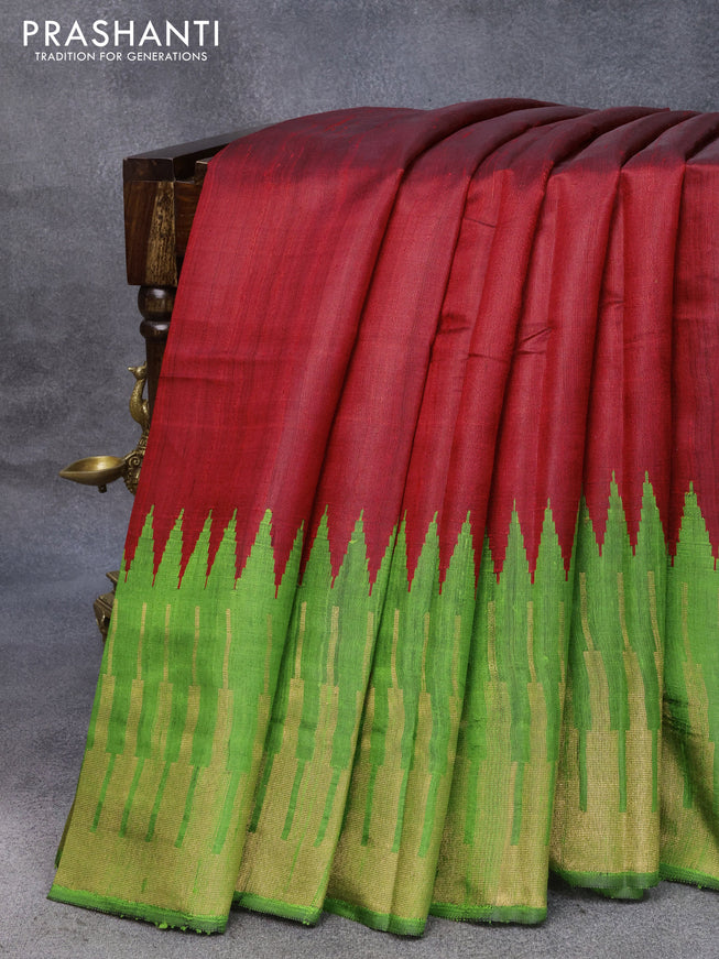 Pure dupion silk saree red and mehendi green with plain body and long temple design zari woven border