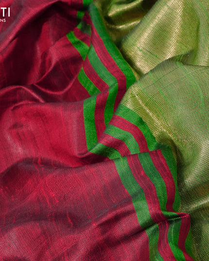 Pure dupion silk saree red and mehendi green with plain body and long temple design zari woven border