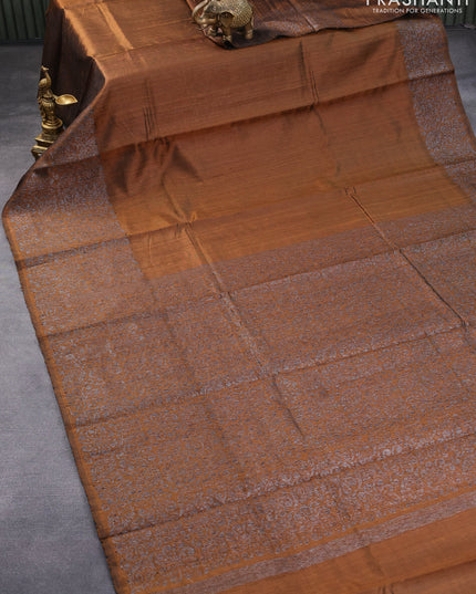 Pure dupion silk saree dark mustard with plain body and thread & zari woven long border