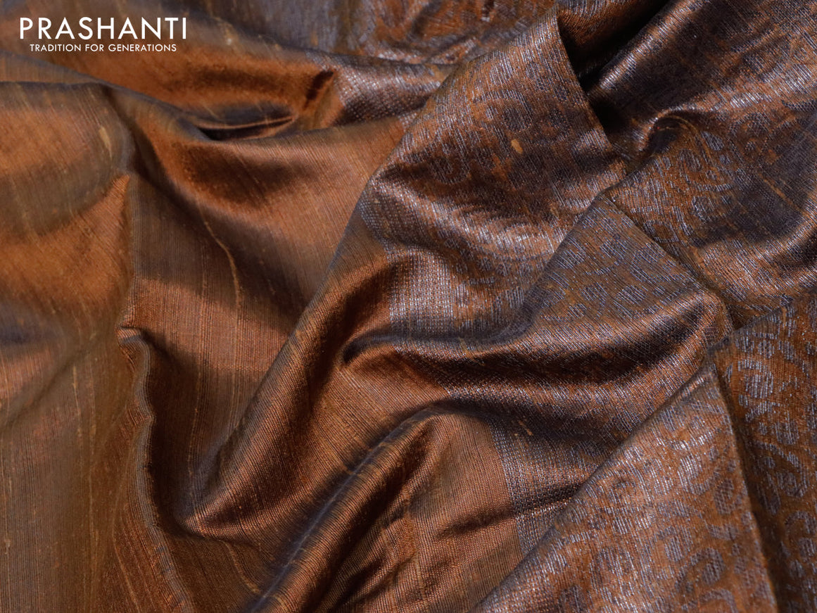 Pure dupion silk saree dark mustard with plain body and thread & zari woven long border