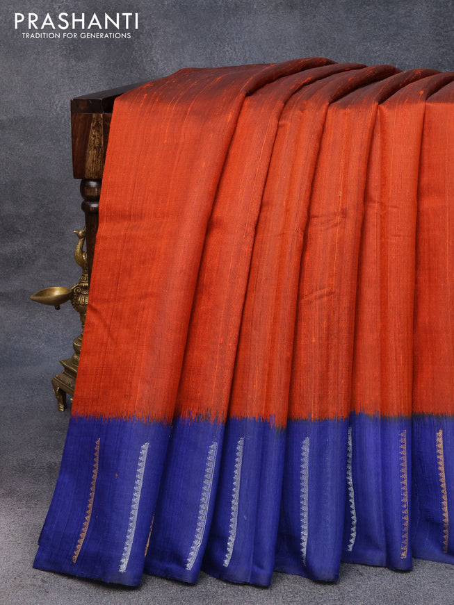 Pure dupion silk saree orange and blue with plain body and zari woven simple border