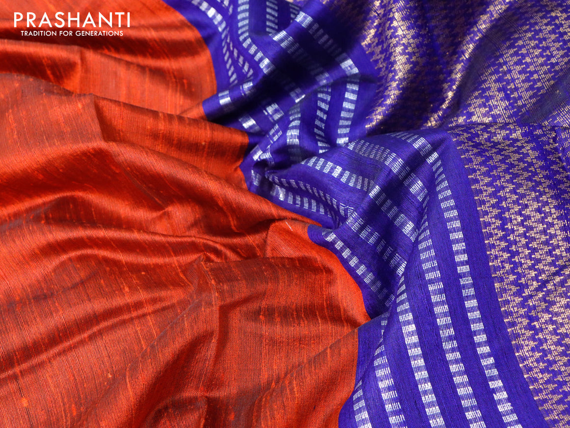 Pure dupion silk saree orange and blue with plain body and zari woven simple border