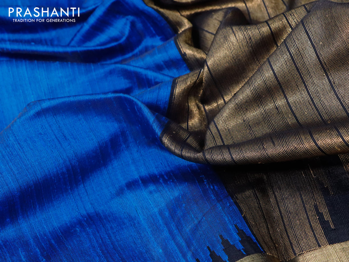 Pure dupion silk saree cs blue and black with plain body and temple design zari woven border