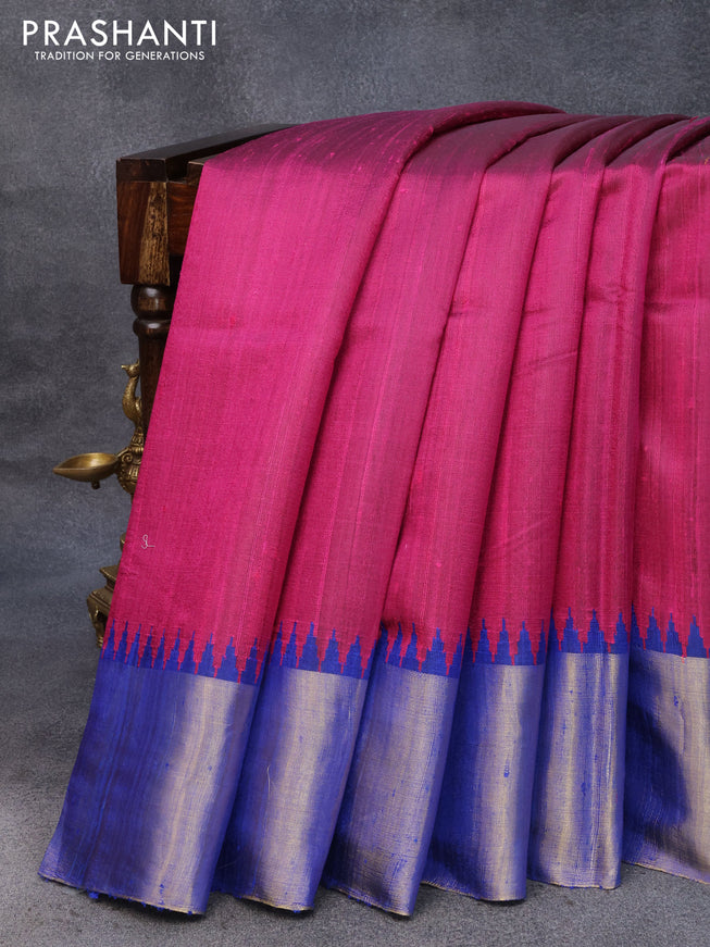Pure dupion silk saree magenta pink and royal blue with plain body and temple design zari woven border