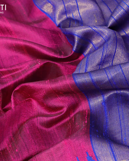 Pure dupion silk saree magenta pink and royal blue with plain body and temple design zari woven border