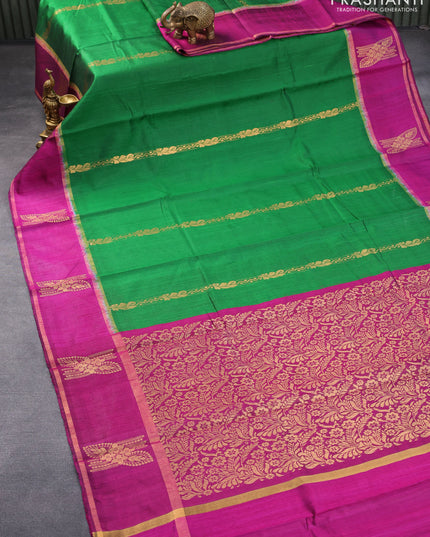 Pure dupion silk saree green and magenta pink with zari weaves and zari woven butta border