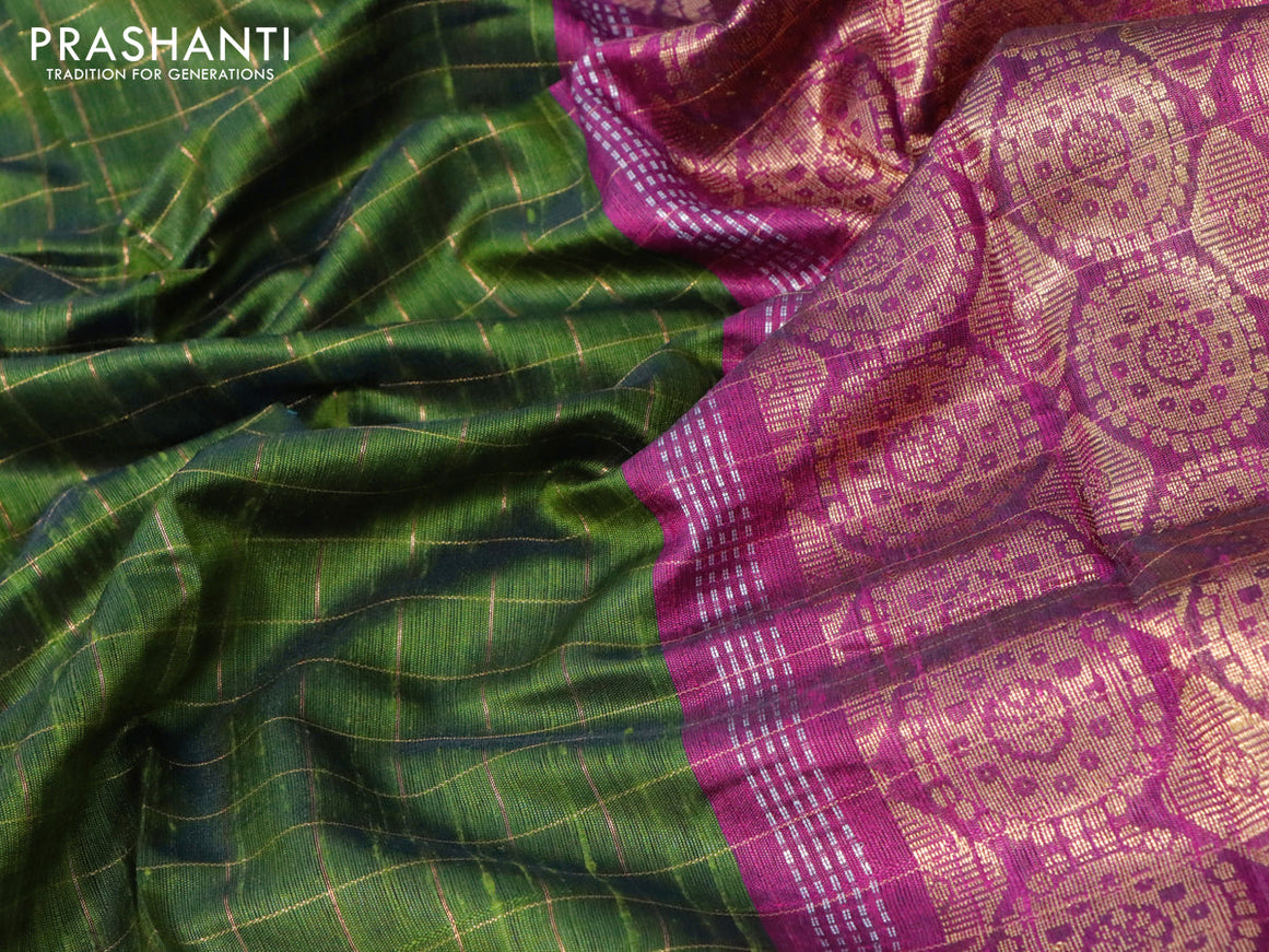 Pure dupion silk saree sap green and purple with allover zari checked pattern and zari woven butta border