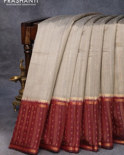 Pure dupion silk saree beige and maroon with plain body and zari woven border