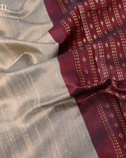 Pure dupion silk saree beige and maroon with plain body and zari woven border