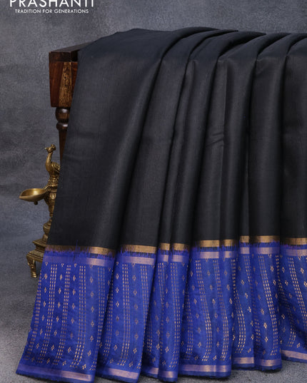 Pure dupion silk saree black and blue with plain body and zari woven border