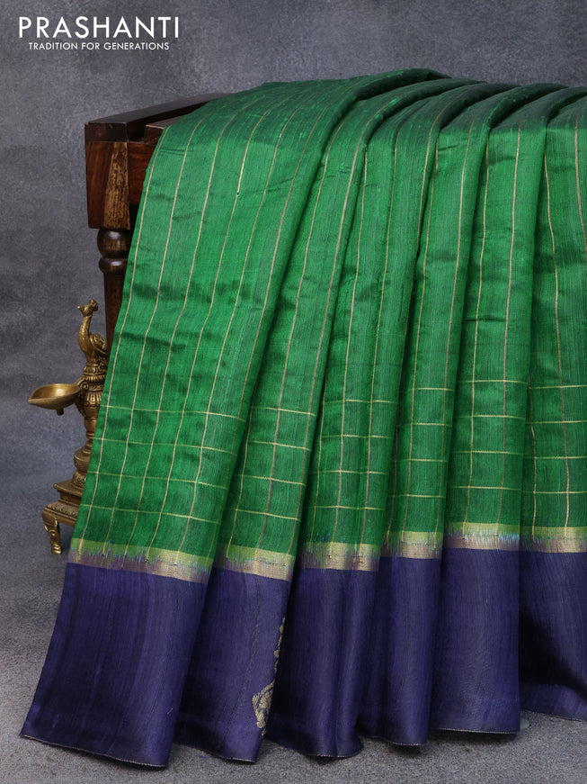 Pure dupion silk saree green and navy blue with allover zari stripe pattern and zari woven butta border