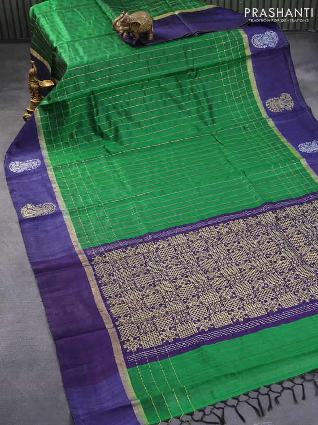 Pure dupion silk saree green and navy blue with allover zari stripe pattern and zari woven butta border