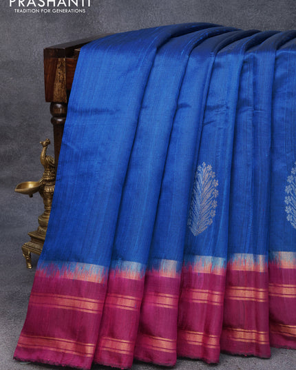 Pure dupion silk saree cs blue and purple with plain body and zari woven border