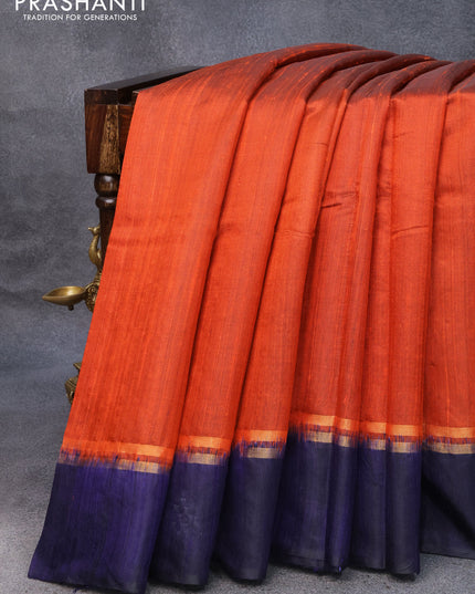 Pure dupion silk saree orange and dark blue with plain body and zari woven butta border