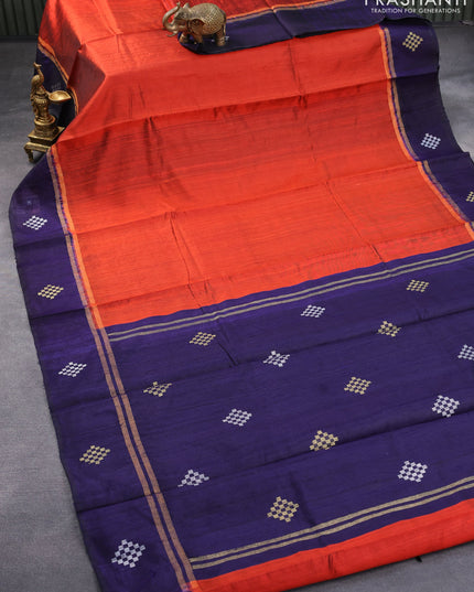 Pure dupion silk saree orange and dark blue with plain body and zari woven butta border