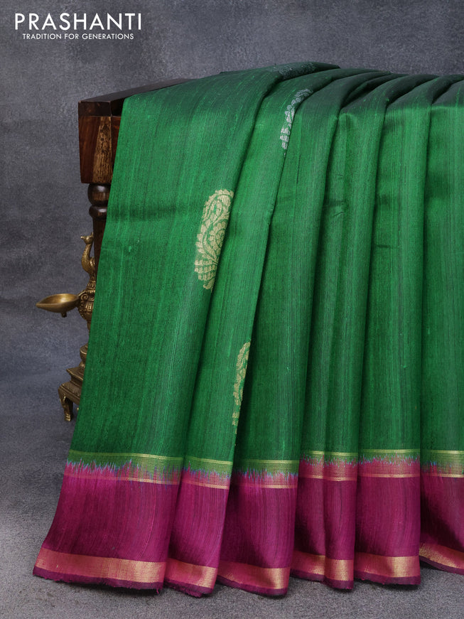 Pure dupion silk saree green and purple with silver zari woven buttas and rettapet zari woven border
