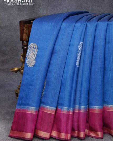 Pure dupion silk saree cs blue and purple with silver zari woven buttas and rettapet zari woven border
