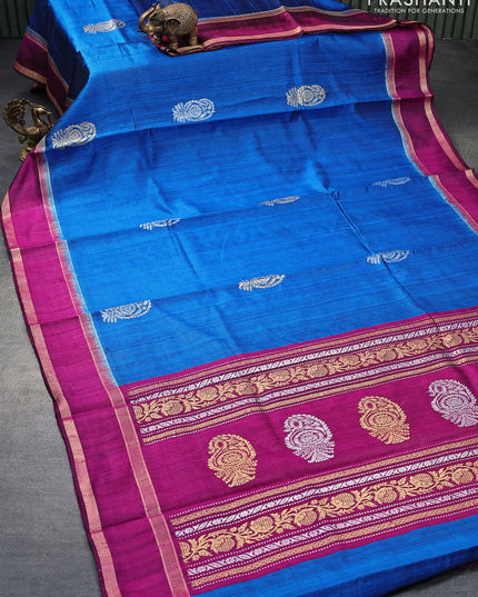 Pure dupion silk saree cs blue and purple with silver zari woven buttas and rettapet zari woven border