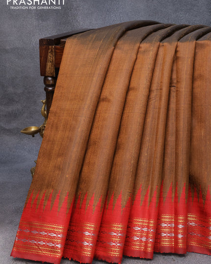 Pure dupion silk saree dark mustard and maroon with plain body and temple design zari woven border