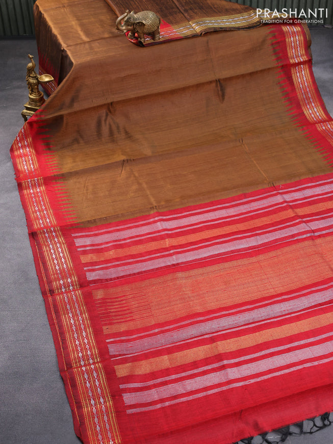 Pure dupion silk saree dark mustard and maroon with plain body and temple design zari woven border