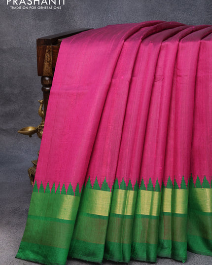 Pure dupion silk saree magenta pink and green with plain body and temple design zari woven simple border