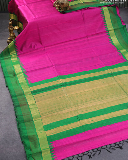 Pure dupion silk saree magenta pink and green with plain body and temple design zari woven simple border