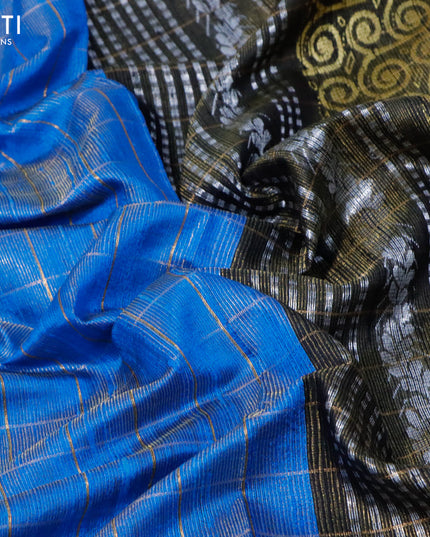 Pure dupion silk saree cs blue and dark navy blue with allover checked pattern and silver zari woven butta border
