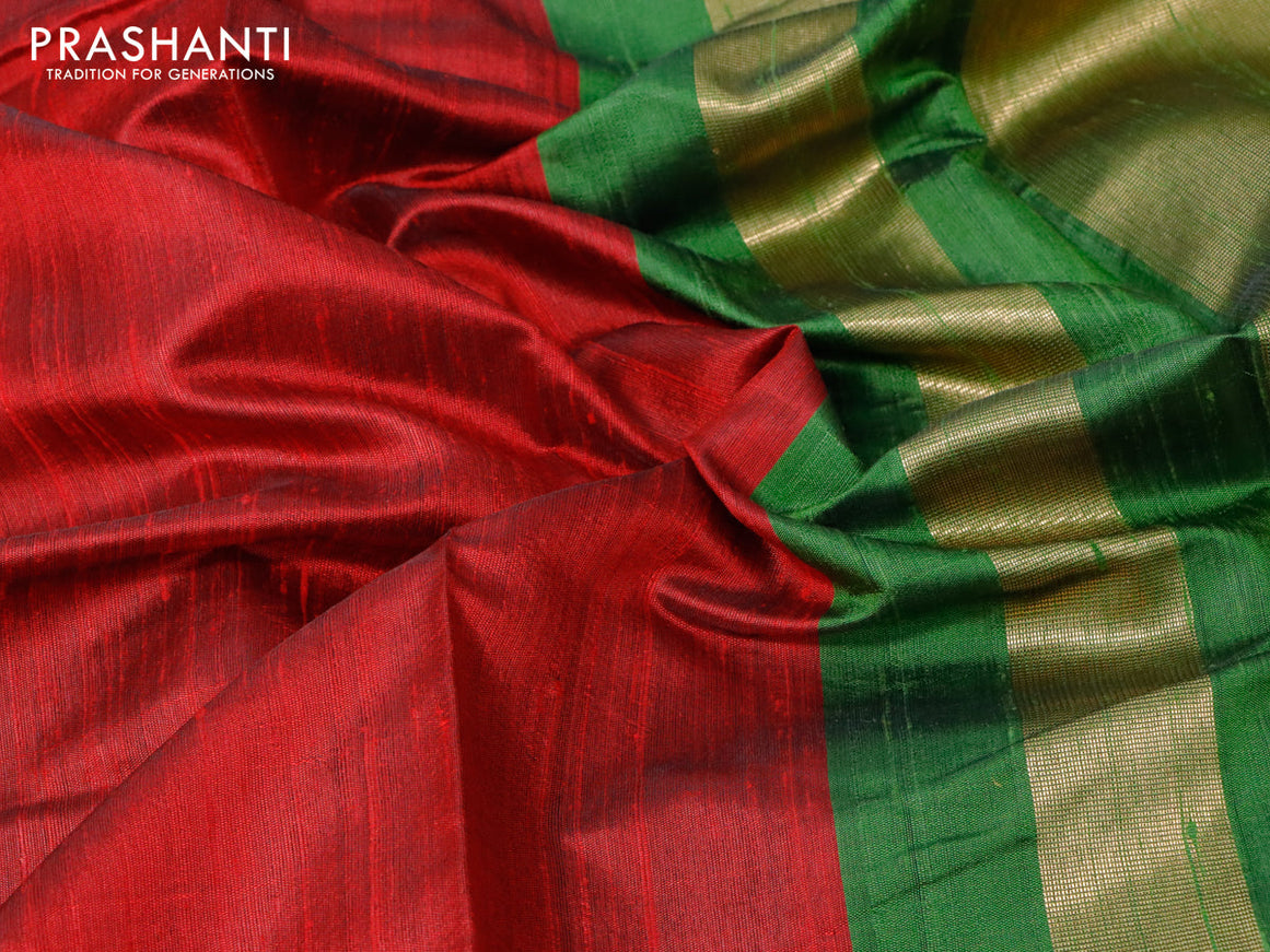 Pure dupion silk saree red and mehendi green with plain body and temple design zari woven simple border