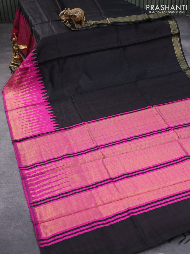Pure dupion silk saree black and magenta pink with plain body and long temple design zari woven border