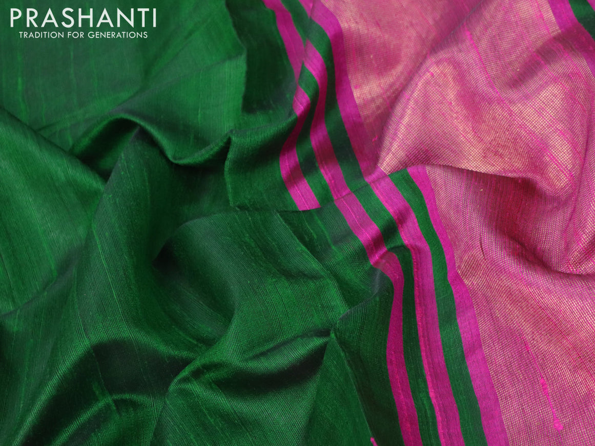 Pure dupion silk saree green and magenta pink with plain body and long temple design zari woven border