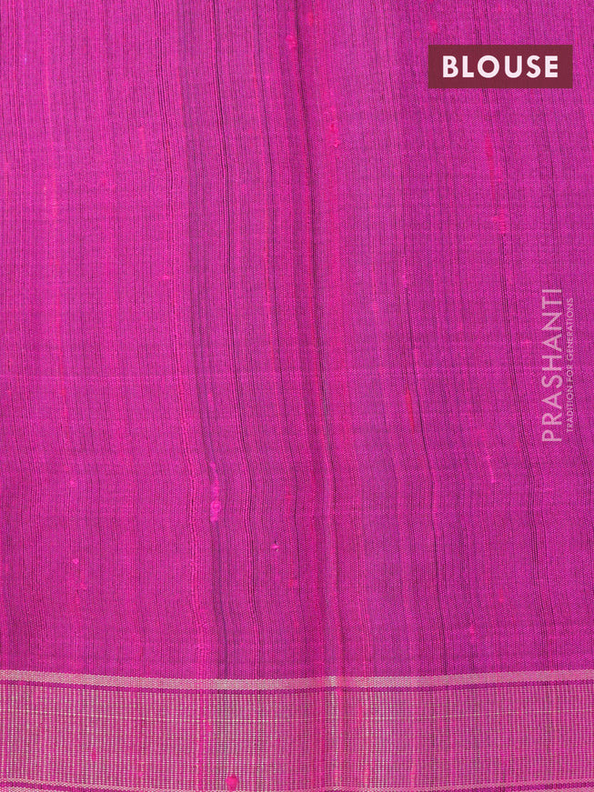 Pure dupion silk saree green and magenta pink with plain body and long temple design zari woven border