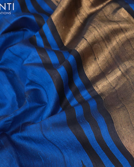 Pure dupion silk saree cs blue and black with plain body and long temple design zari woven border