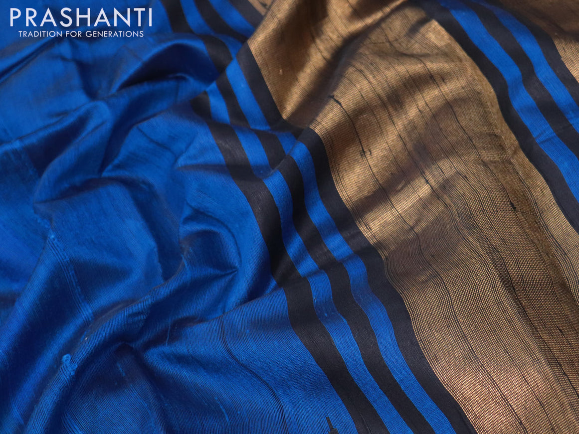 Pure dupion silk saree cs blue and black with plain body and long temple design zari woven border