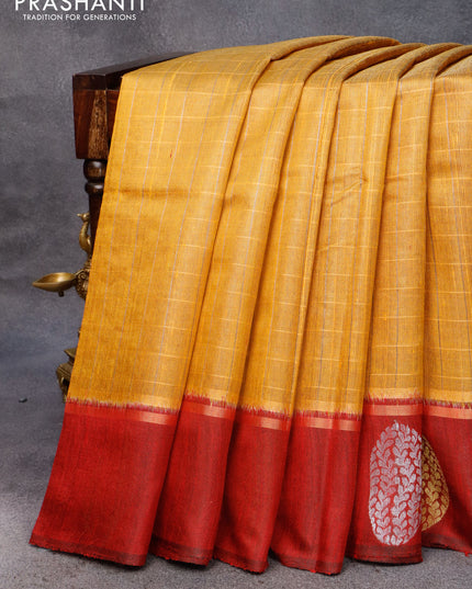 Pure dupion silk saree mustard yellow and maroon with allover zari checked pattern and zari woven butta border