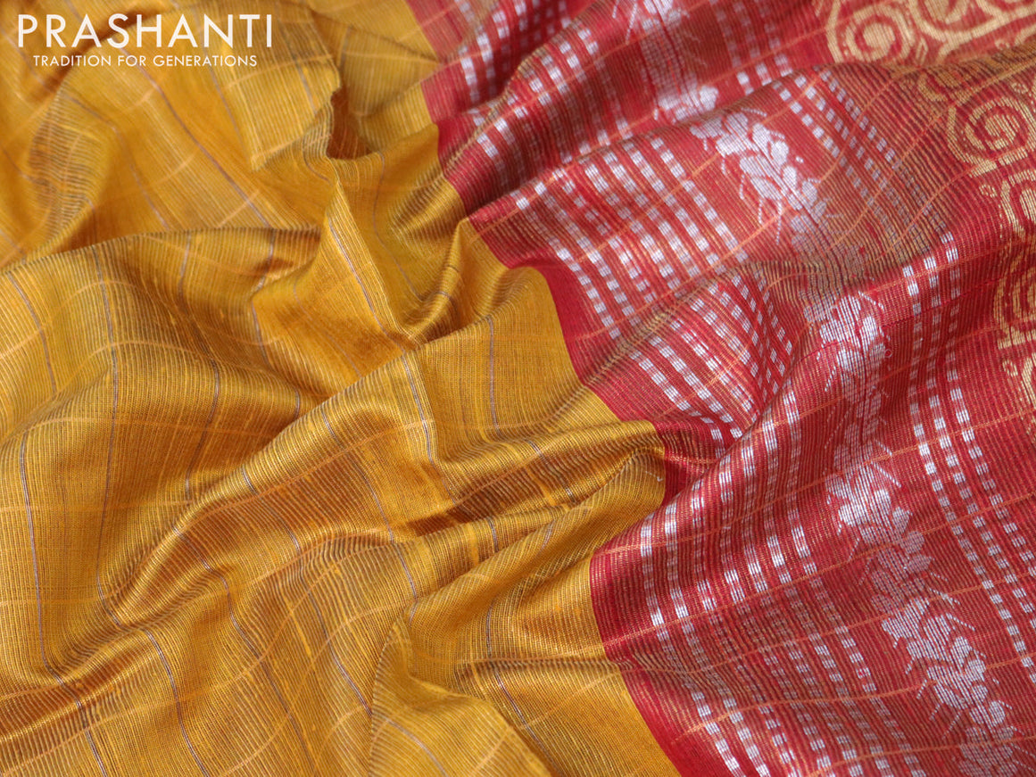Pure dupion silk saree mustard yellow and maroon with allover zari checked pattern and zari woven butta border