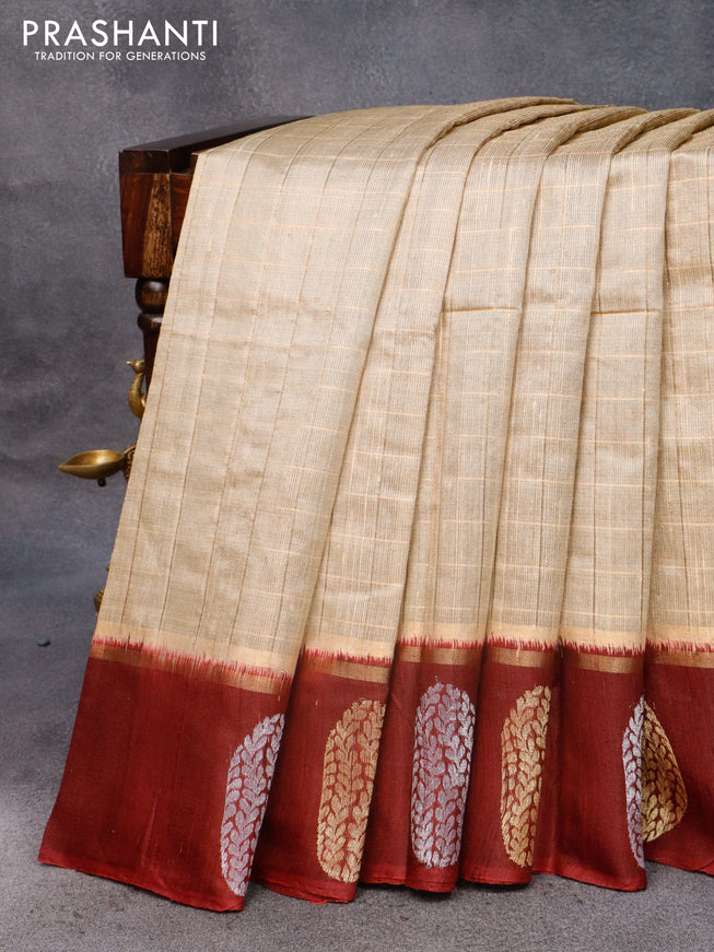 Pure dupion silk saree sandal and maroon with allover zari checked pattern and zari woven butta border
