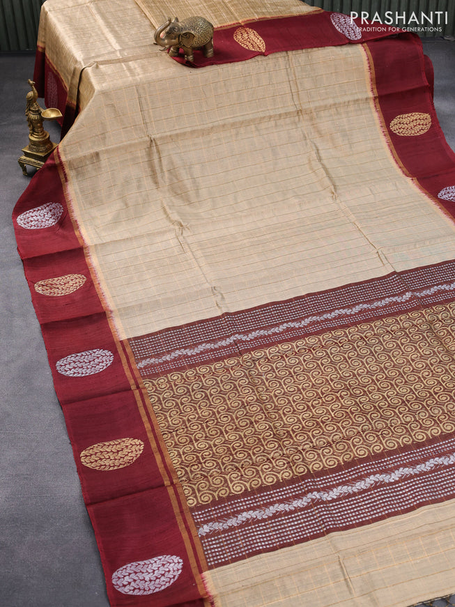 Pure dupion silk saree sandal and maroon with allover zari checked pattern and zari woven butta border