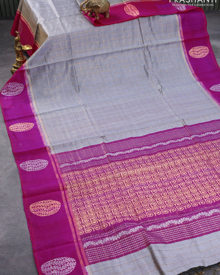 Pure dupion silk saree grey and magenta pink with allover zari checked pattern and zari woven butta border