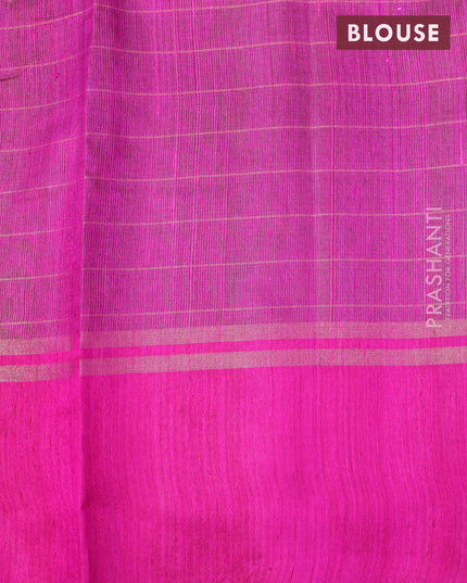 Pure dupion silk saree grey and magenta pink with allover zari checked pattern and zari woven butta border