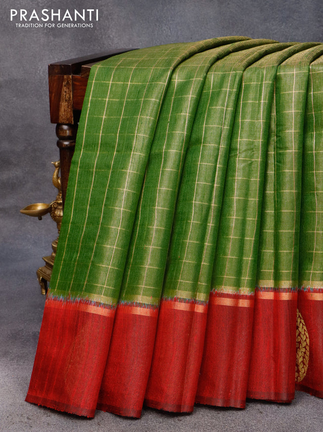 Pure dupion silk saree light green and maroon with allover zari checked pattern and rettapet zari woven butta border