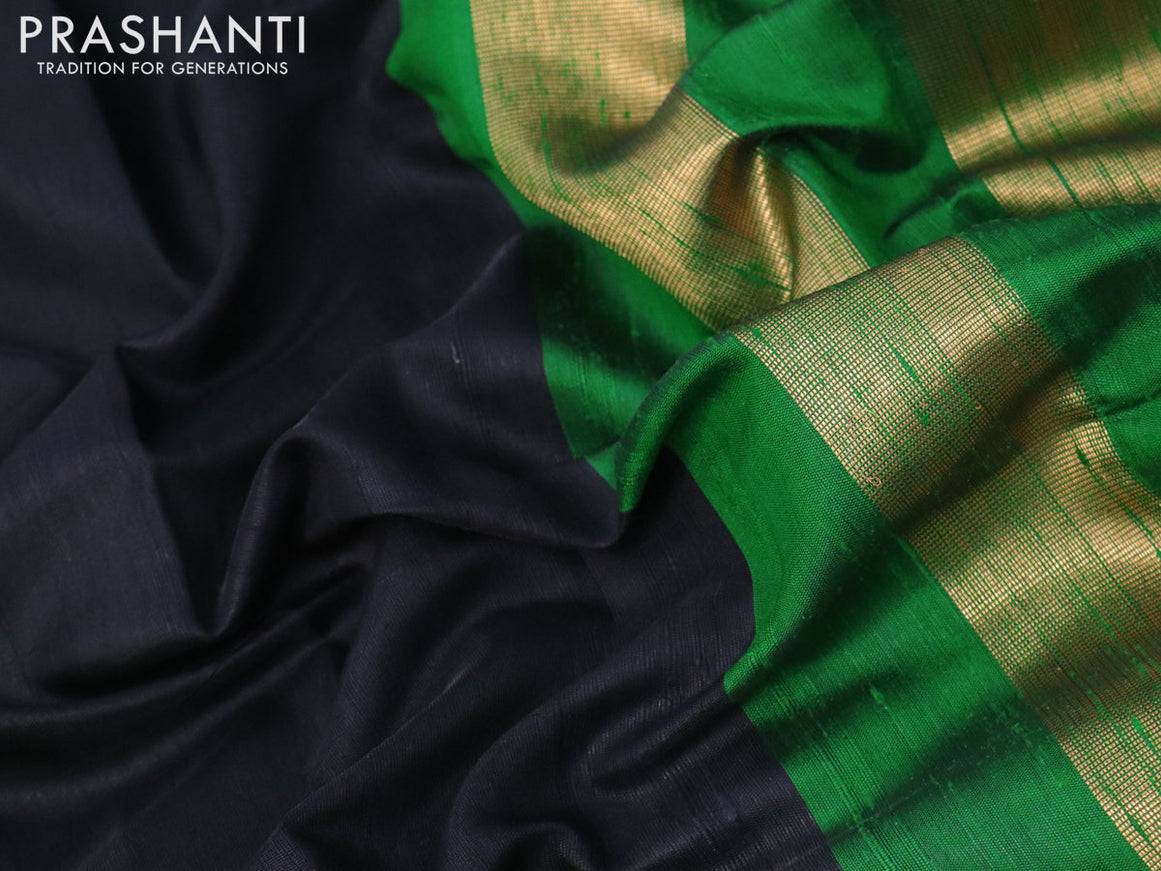 Pure dupion silk saree black and green with plain body and temple design zari woven simple border