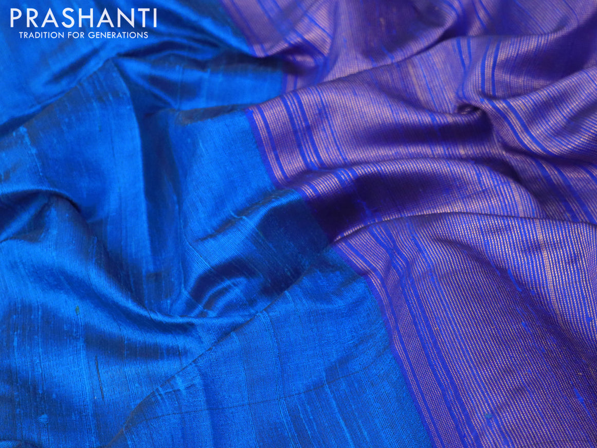 Pure dupion silk saree cs blue and blue with plain body and temple design zari woven butta border