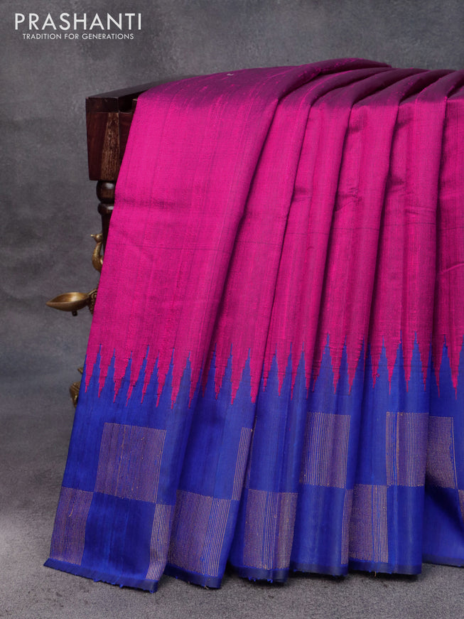 Pure dupion silk saree magenta pink and blue with plain body and temple design zari woven butta border