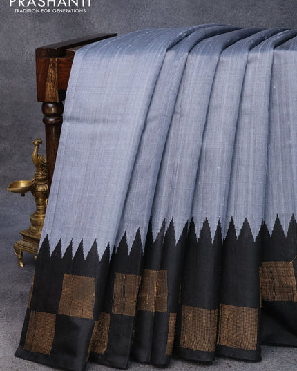 Pure dupion silk saree grey and black with plain body and zari woven butta border