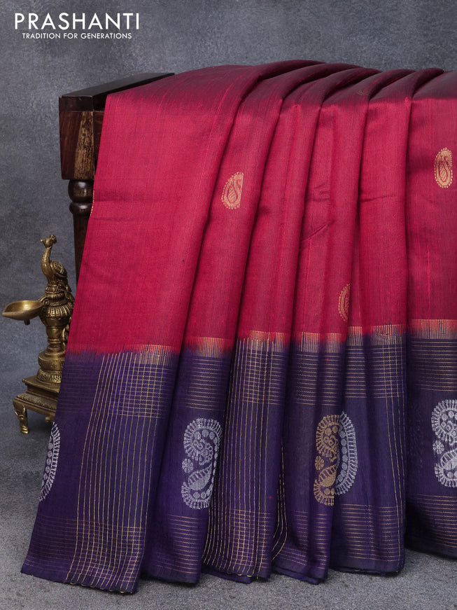 Pure dupion silk saree red and violet with zari woven paisley buttas and long zari woven border