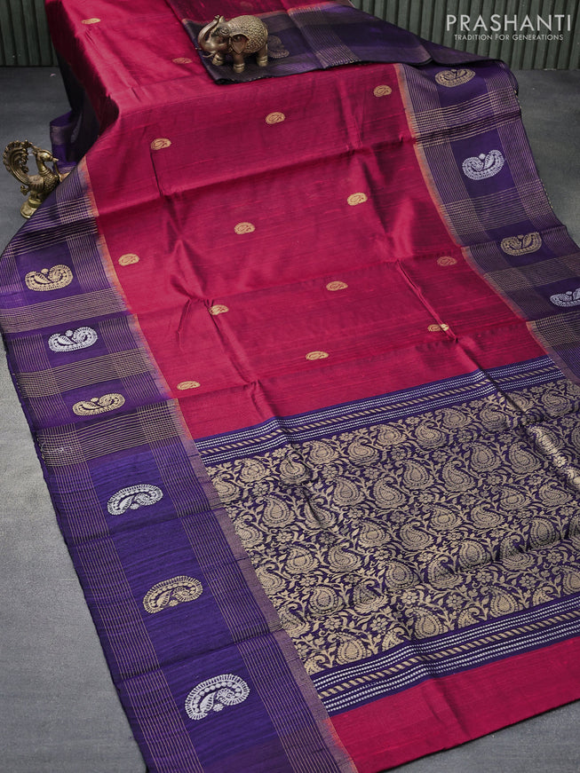 Pure dupion silk saree red and violet with zari woven paisley buttas and long zari woven border
